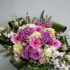 Box arrangement with gerbera daisies, roses, orchids, and hydrangeas. 