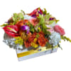 Wooden box fill with seasonal flowers combination .
Very popular floral arrangement with