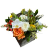Wooden box fill with seasonal flowers combination .
Very popular floral arrangement with