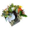 Wooden box fill with seasonal flowers combination .
Very popular floral arrangement with