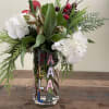 White and green hydrangea, white alstro, berries and cones. 