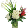 A contemporary Christmas arrangement with Calla, Hydrangea and Ilex Berries. Substitutions may