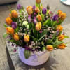 A delicate mix of multicolored tulips in the box is the embodiment