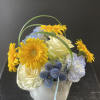 Yellow, white, and blue flowers in an adorable baby elephant container to