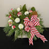 Candy cane carnations with ice cap poms and subtly fragrant winter greens
