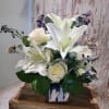  A beautiful mixed blue and white hydrangeas, delphinium, white creamy roses