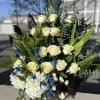 Floral arrangement of 12 white roses, white hydrangea, eucalyptus, lederhosen and filler.
24
