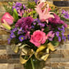 Beutiful nice bouquet with lily, roses, stock bottom green daisy and monte