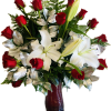 18 red roses combined with white lilies arranged in a red vase