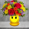 Happiness, delivered! Colorful roses in a cheerful ceramic planter are the quickest