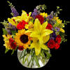 Beautiful and vibrant colors of alstroemeria, larkspur, spray roses, carnations, sunflowers, and