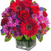 Rich jewel-toned flowers are arranged in a glass cube vase for a
