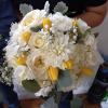 Beautiful white garden and standard roses, dahlia, freesia and yellow tulips and