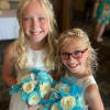 Azul blue and white roses and baby&#039;s breath round whimsical bouquets