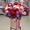 Colorful flower box with hydrangeas, peonies, roses, stocks and other flowers 