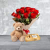 This bundle includes a medium sized teddy bear, medium box of chocolates