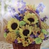 Sunflowers blue delphiniums yellow ostro green buttons purple mono casino yarrow