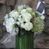 Roses, Hydrangeas, Orchids, and seasonal flowers arranged in a glass vase.