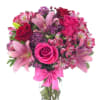 Bouquet with red roses, pink roses, pink lilies, pink alstroemeria and purple
