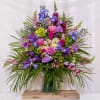 Lavender roses, burgundy snapdragon, dark blue iris/ seasonal garden flowers, green hydrangea