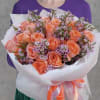 24 Beautiful Peach Roses With Lavender Wax Flowers Designed In A Had-Tied