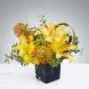 This yellow arrangement features a rose, pincushion protea, an architectural shape and