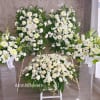 All white sympathy flowers package:
2 standing sprays, 2 baskets, 1 casket flowers.
