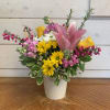 Yellow roses, pink dancer lily, light pink stock, yellow and white daisies