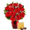 This set beautifully combines the timeless elegance of a dozen red roses