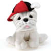 White bulldog plush wearing red and black hat.

7 1/2&quot;H