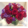 10 Red Roses Compact arranged with Purple Accented Flowers In a Glass