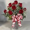 The most elegant dozen roses! White Vase adorned with Painted Red Hearts.