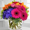 A small cubed centerpiece with blue hydraganea, pink gerbera daisies, orange and