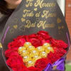 detalle elaborado en cono con chocolates ferrero y 14 rosas mensaje personalizado