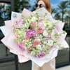 Bouquet of peonies, lisianthus, carnations, alstroemerias and stocks. 