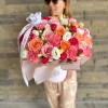 Mix of roses, carnations, eustoma and other pretty flowers.
Small size box (height