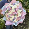 Large bouquet of peonies, roses, spray roses, lisianthus in pink and blue