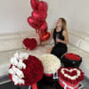Room red and white flower arrangement, bouquets and balloons for Valentines Day!