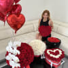 Room red and white flower arrangement, bouquets and balloons for Valentines Day!