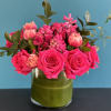 Lush mix of hot pink roses, fragrant hyacinth, double pink tulip &amp;