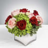 This arrangement includes blush pink roses, red roses, blush spray roses, white