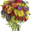 A summery mix of yellow daisy chrysanthemums, purple asters and red and