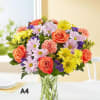 orange rose, lavender daisies, yellow daisies, orange carnations, purple statice