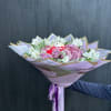 Wrapped rose and alstroemeria bouquet with teddy in middle. 
Can be made