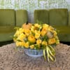 Yellow Roses, Spray Roses , greeneries in a ceramic vase.