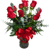 12 Red Roses Arranged in a Vase. Red Roses, Leather Leaf, Salal