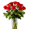 Freedom red roses simply arranged with Italian ruscus, camellia and salal foliage