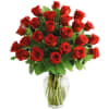 Freedom red roses simply arranged with Italian ruscus, camellia and salal foliage