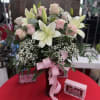 Roses, Lilly&rsquo;s in Glass vase please choose color of roses  red