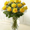 A gorgeous arrangement of 12 yellow roses with babies breath and greens